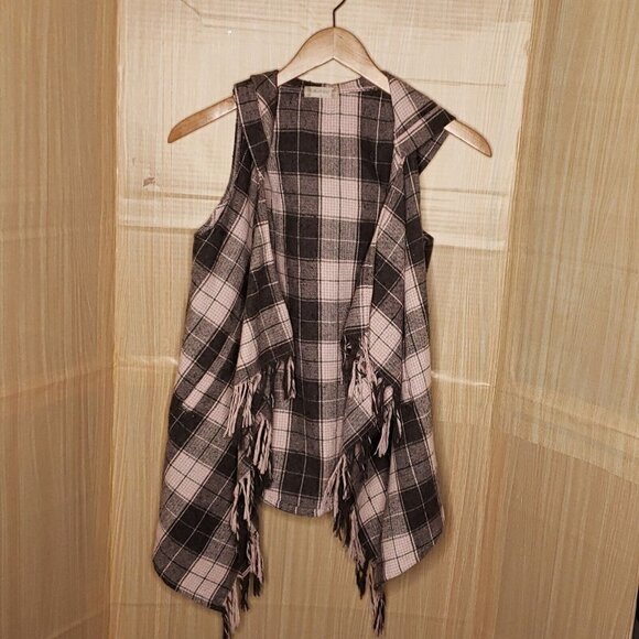 Altar'd State Womens Pink Grey Sleeveless Hooded Fringe Open Front Vest Small - Picture 1 of 7